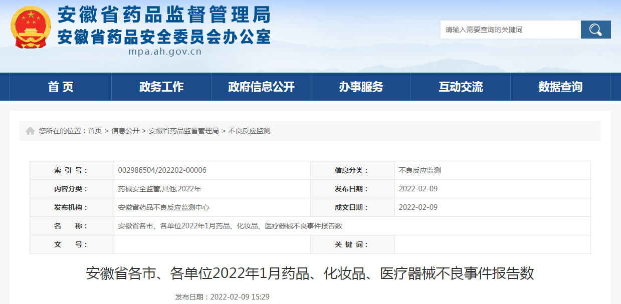 安徽省各市、各单位2022年1月药品、化妆品、医疗器械不良事件报告数