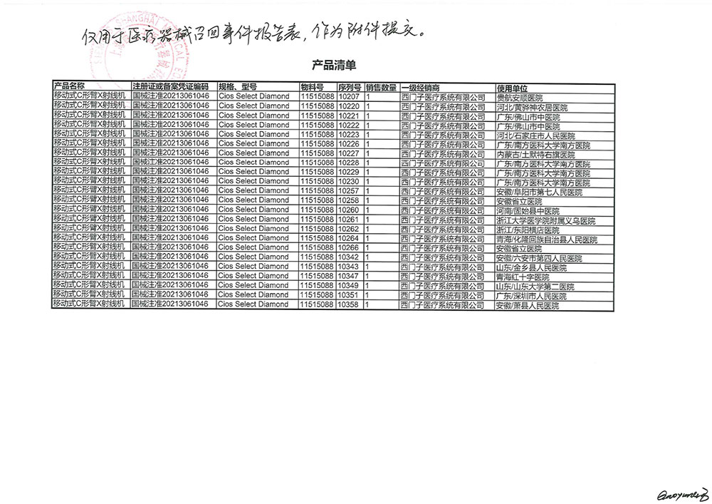 上海西门子医疗器械有限公司对移动式C形臂X射线机主动召回