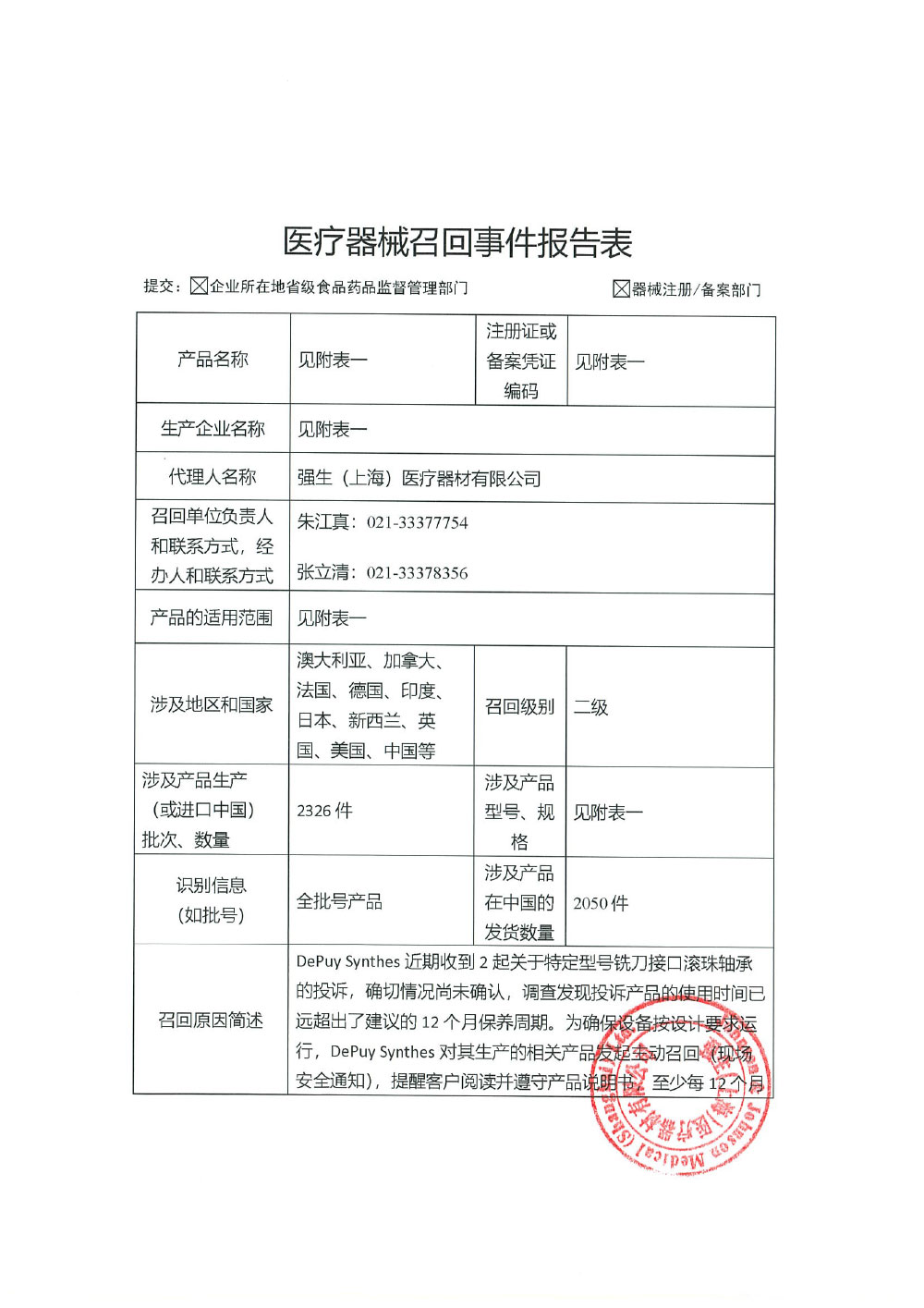 强生（上海）医疗器材有限公司报告，由于DePuy Synthes近期收到2起关于特定型号铣刀接口滚珠轴承的投诉，确切情况尚未确认，调查发现投诉产品的使用时间已远超出了建议的12个月保养周期。