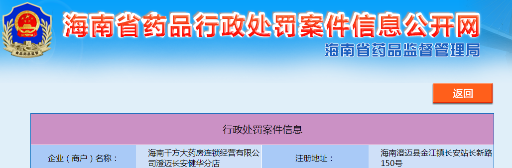 海南千方大药房连锁经营有限公司澄迈长安健华分店购销药品未按照规定进行记录案