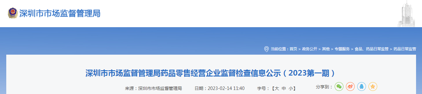 深圳市市场监督管理局药品零售经营企业监督检查信息公示（2023第一期）