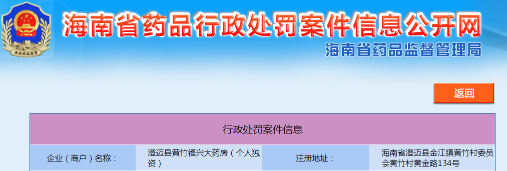 海南澄迈县黄竹福兴大药房（个人独资）购销药品未按照规定进行记录案