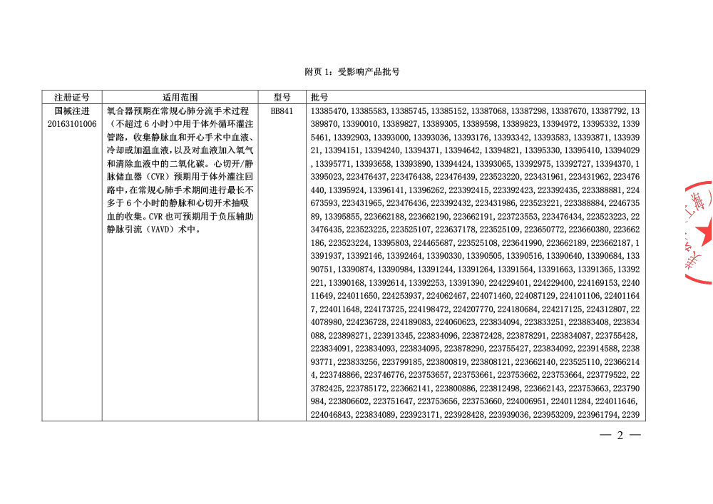美敦力（上海）管理有限公司对集成式膜式氧合器主动召回