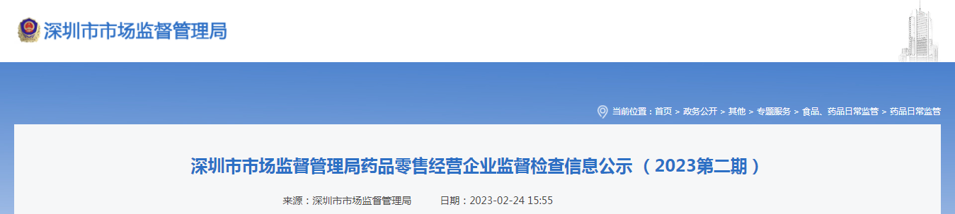 深圳市市场监督管理局药品零售经营企业监督检查信息公示（2023第二期）