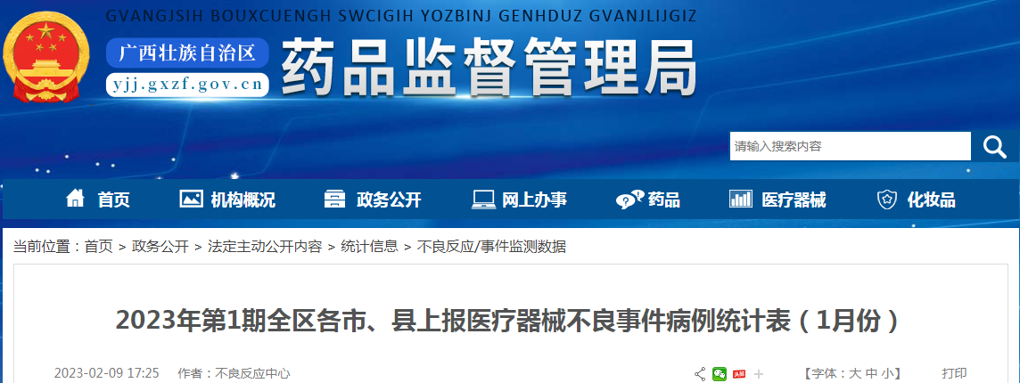 广西壮族自治区药品监督管理局2023年第1期全区各市、县上报医疗器械不良事件病例统计表(1月份) 广西壮族自治区药品监督管理局2023年第1期全区各市、县上报医疗器械不良事件病例统计表(1月份)