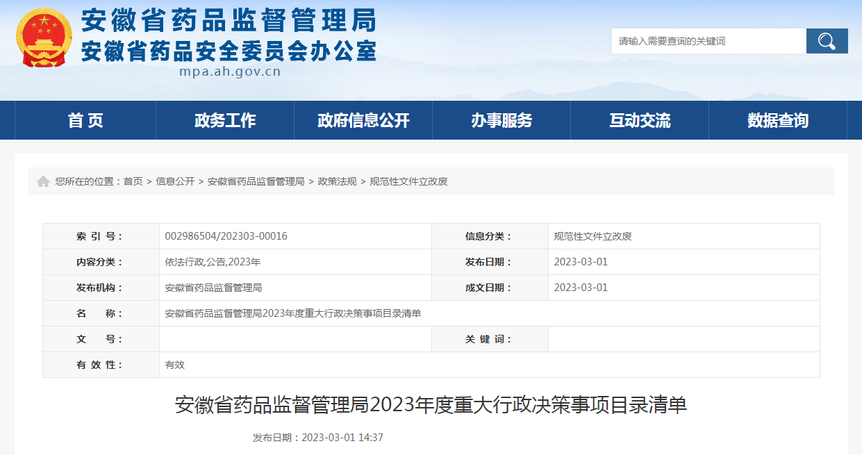 安徽省药品监督管理局2023年度重大行政决策事项目录清单