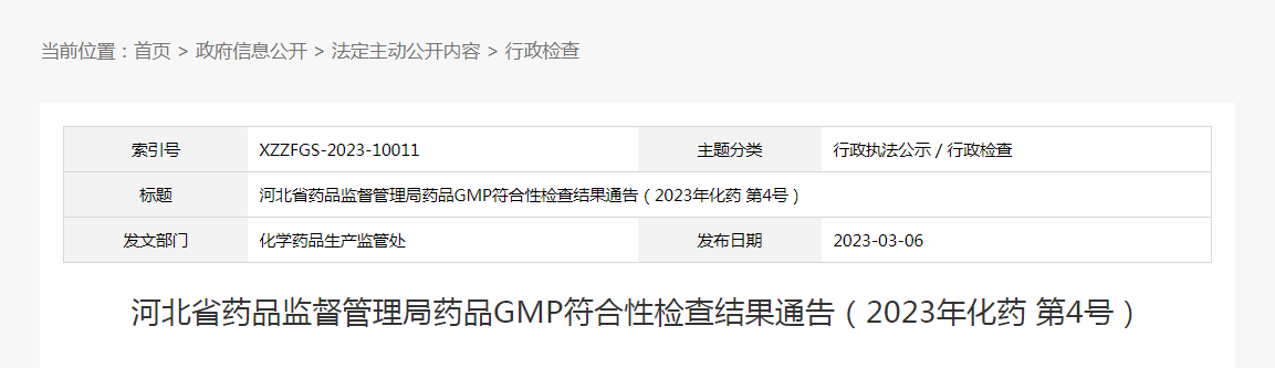 河北省药品监督管理局药品GMP符合性检查结果通告（2023年化药第4号）
