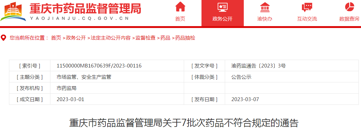 重庆市药品监督管理局关于7批次药品不符合规定的通告（2023-03-07）