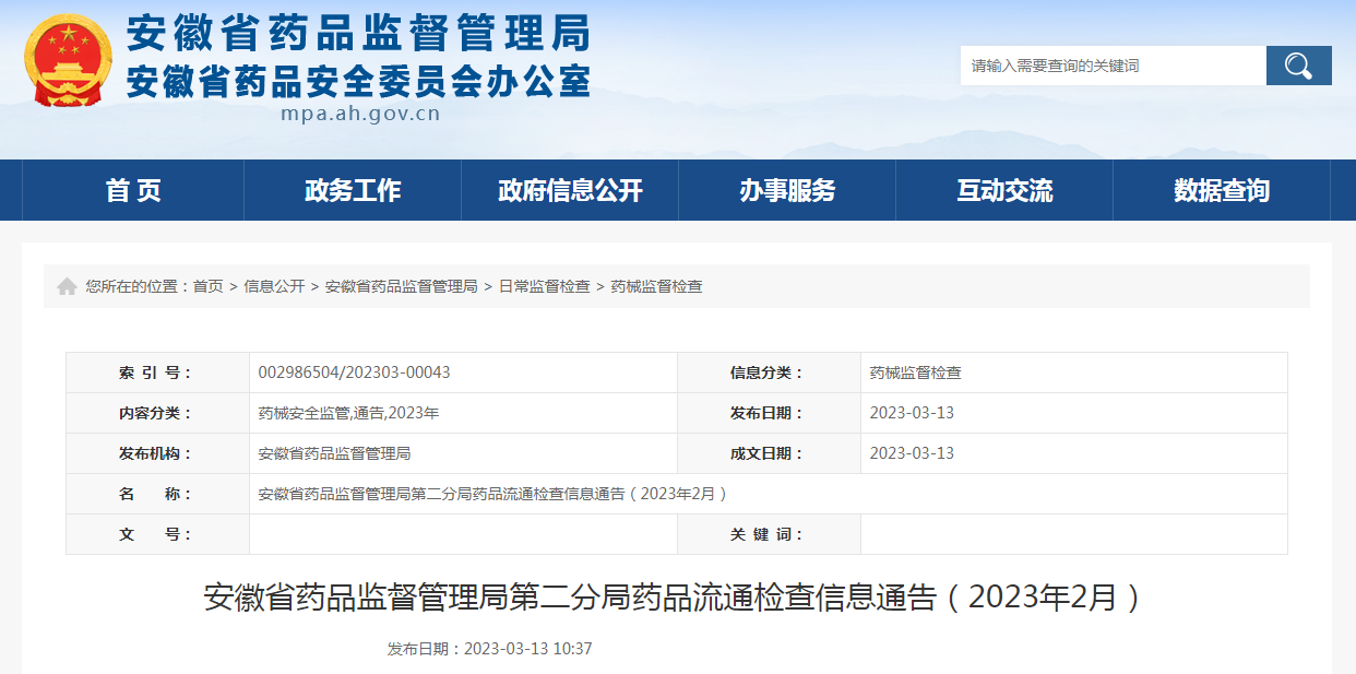 安徽省药品监督管理局第二分局药品流通检查信息通告（2023年2月）