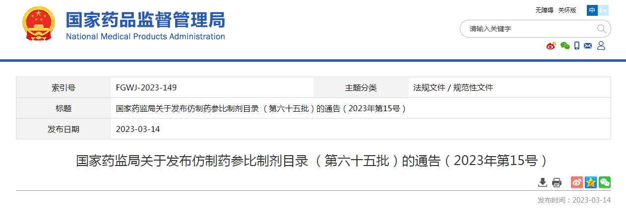 国家药监局关于发布仿制药参比制剂目录  （第六十五批）的通告（2023年第15号）