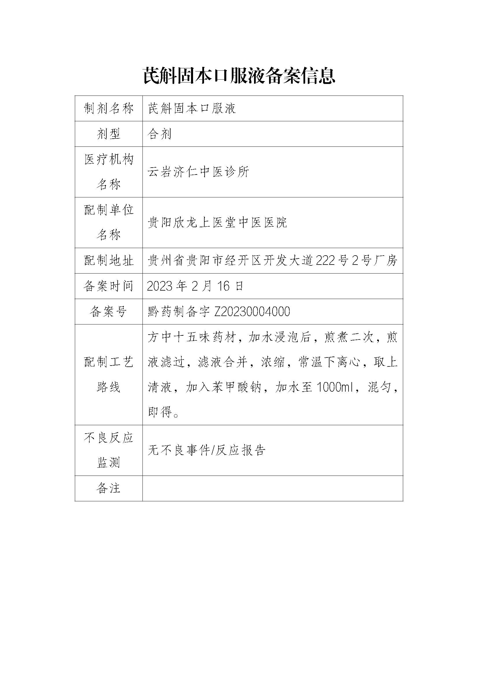 贵州省药品监督管理局关于医疗机构应用传统工艺配制中药制剂备案信息的公示（2023年第2期）