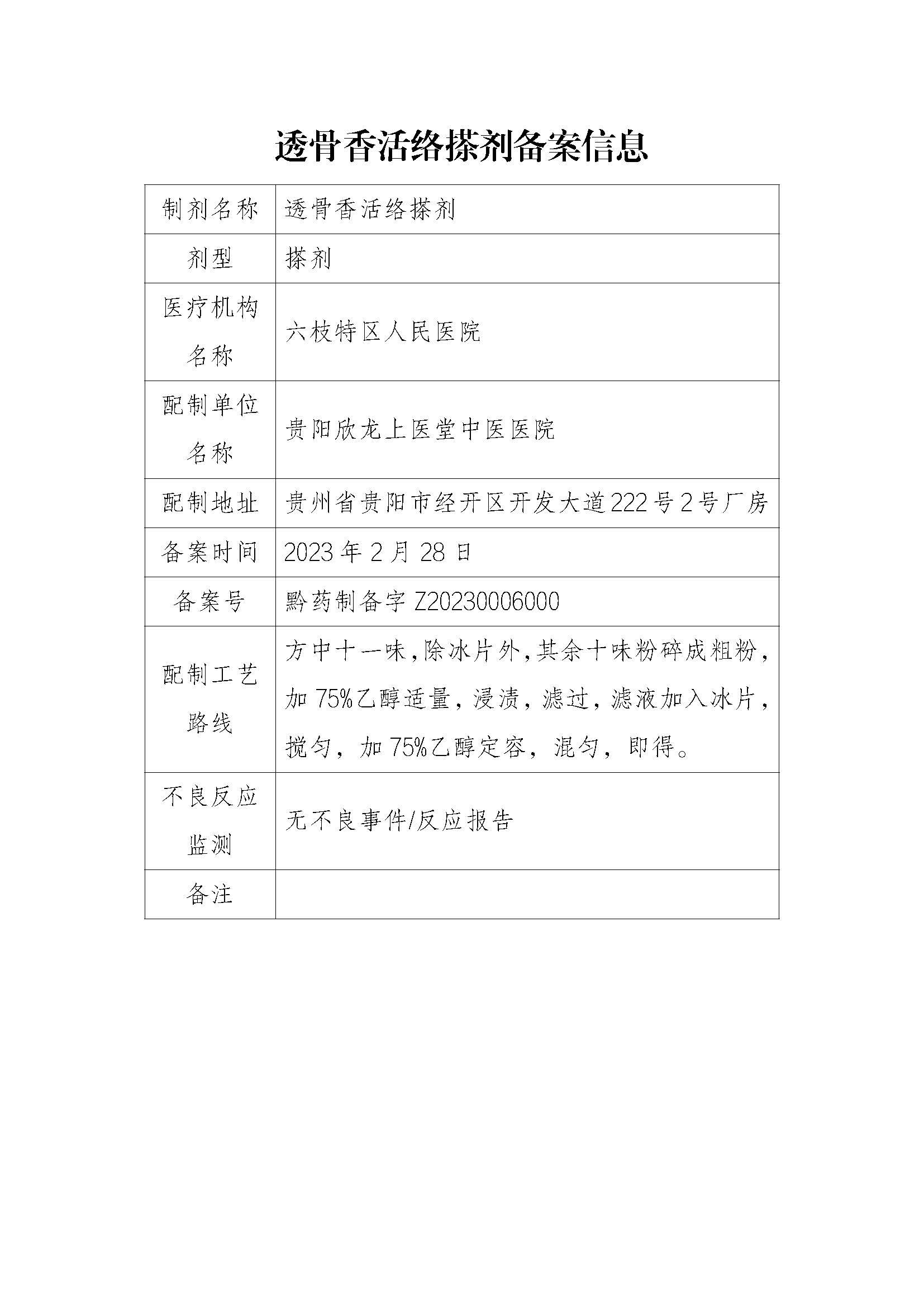 贵州省药品监督管理局关于医疗机构应用传统工艺配制中药制剂备案信息的公示（2023年第2期）