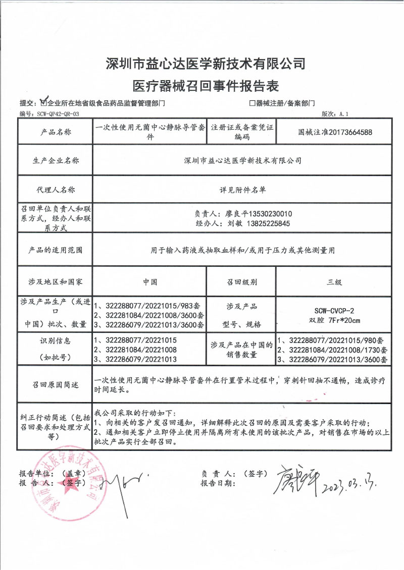 深圳市益心达医学新技术有限公司对一次性使用无菌中心静脉导管套件主动召回 深圳市益心达医学新技术有限公司对一次性使用无菌中心静脉导管套件主动召回