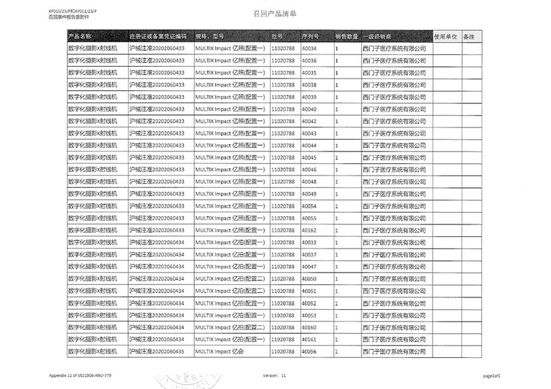 上海西门子医疗器械有限公司对数字化摄影X射线机主动召回