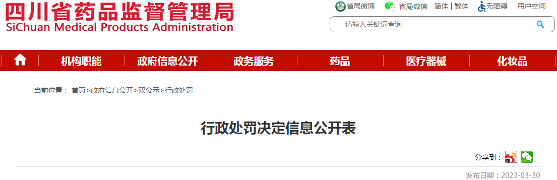 四川省药品监督管理局行政处罚决定信息公开表（川药监当罚〔2023〕4001号）
