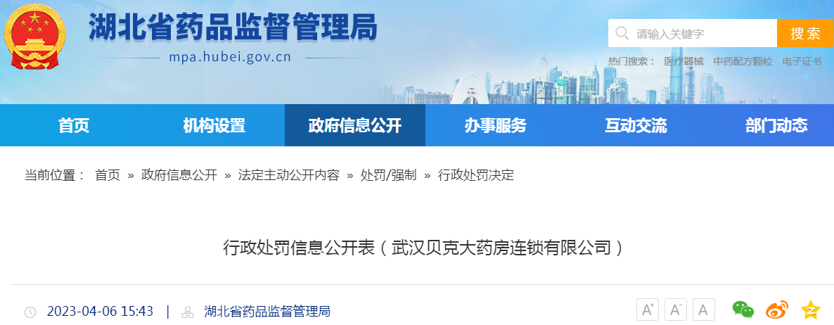 湖北省药品监督管理局行政处罚信息公开表（武汉贝克大药房连锁有限公司）