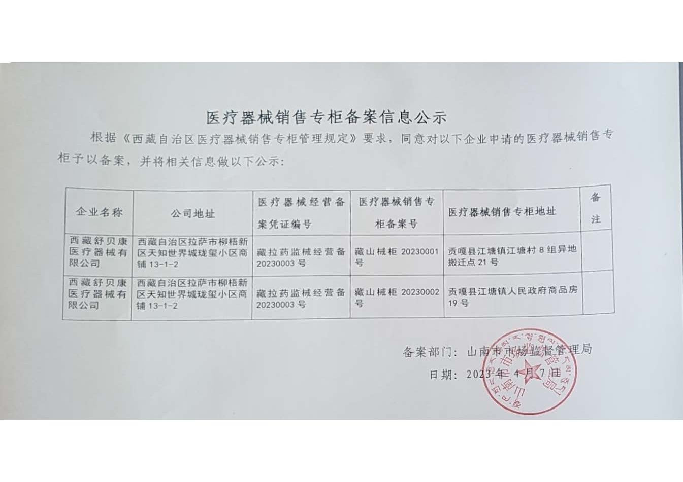 西藏自治区药品监督管理局医疗器械销售专柜备案信息公示（西藏舒贝康医疗器械有限公司）
