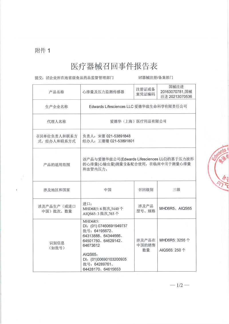 爱德华（上海）医疗用品有限公司对心排量及压力监测传感器主动召回