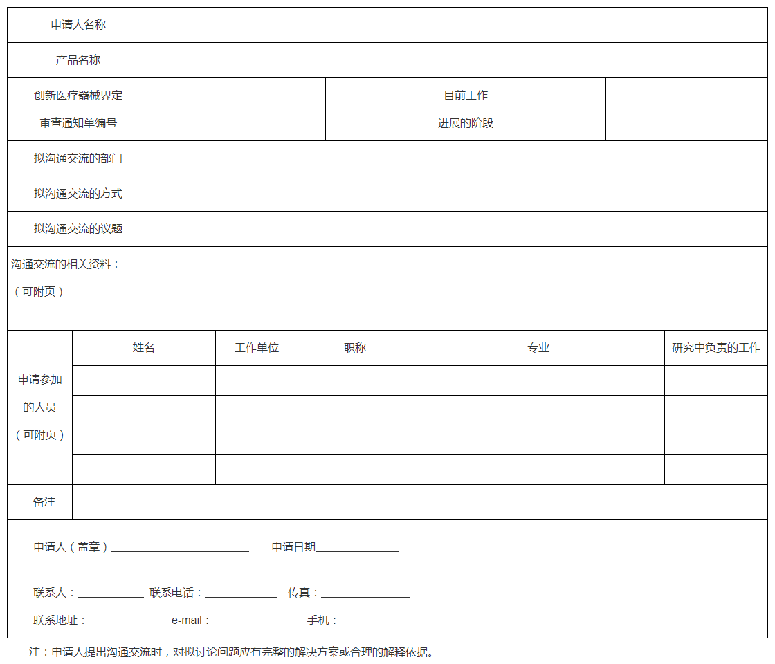 山西省第二类创新医疗器械沟通交流申请表 山西省第二类创新医疗器械沟通交流申请表
