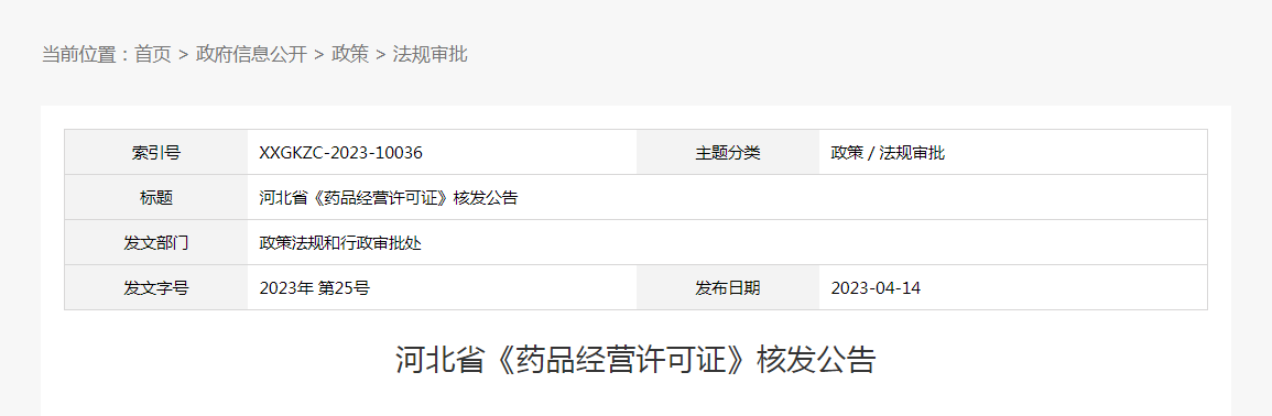 河北省《药品经营许可证》核发公告（2023年第25号）