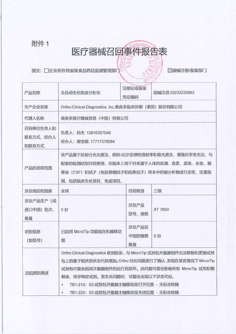 奥森多临床诊断（美国）股份有限公司Ortho-Clinical Diagnostics, Inc.对全自动生化免疫分析仪主动召回