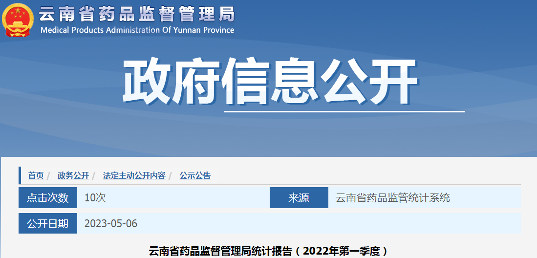 云南省药品监督管理局统计报告（2022年第一季度）