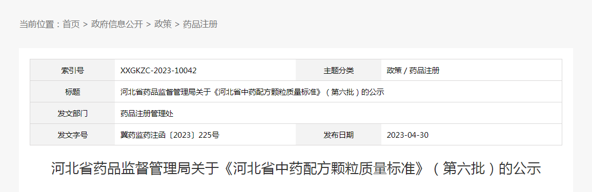 河北省药品监督管理局关于《河北省中药配方颗粒质量标准》（第六批）的公示（冀药监药注函〔2023〕225号）