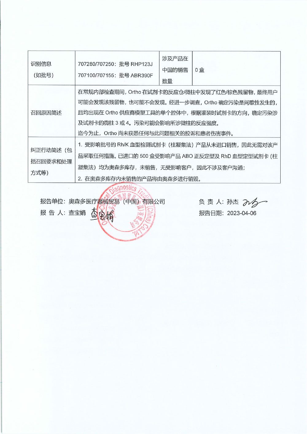 医疗器械召回事件报告表