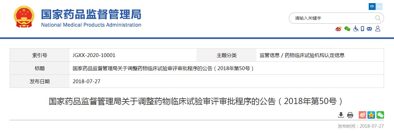 国家药品监督管理局关于调整药物临床试验审评审批程序的公告（2018年第50号）