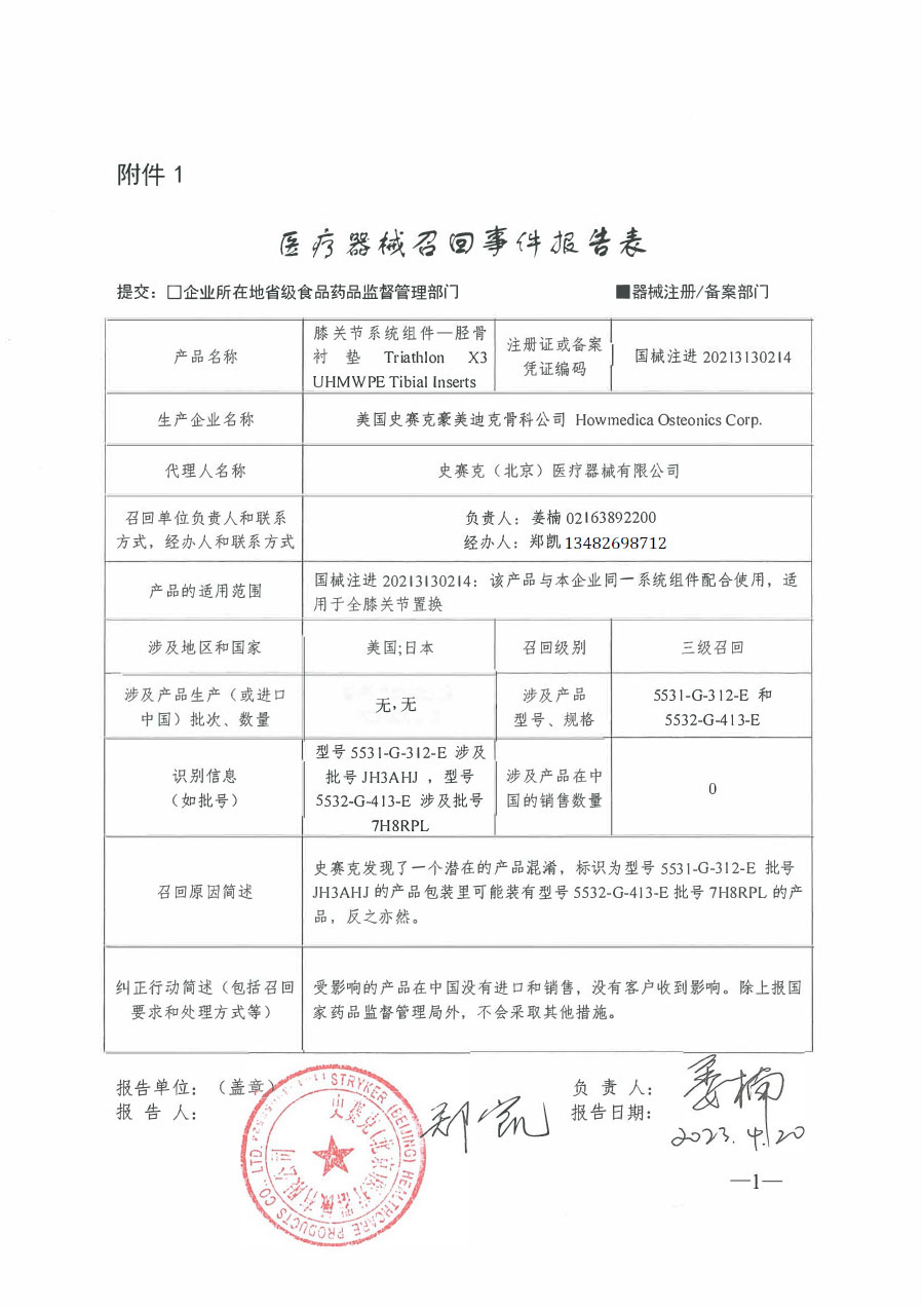 美国史赛克豪美迪克骨科公司Howmedica Osteonics Corp.对膝关节系统组件—胫骨衬垫主动召回
