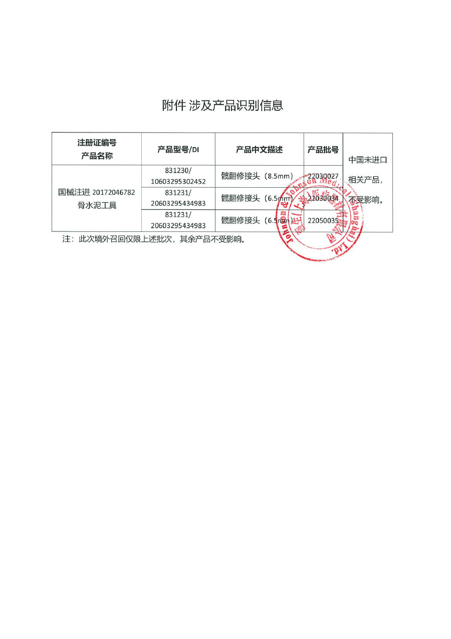 德培依爱尔兰公司DePuy Ireland UC对骨水泥工具主动召回
