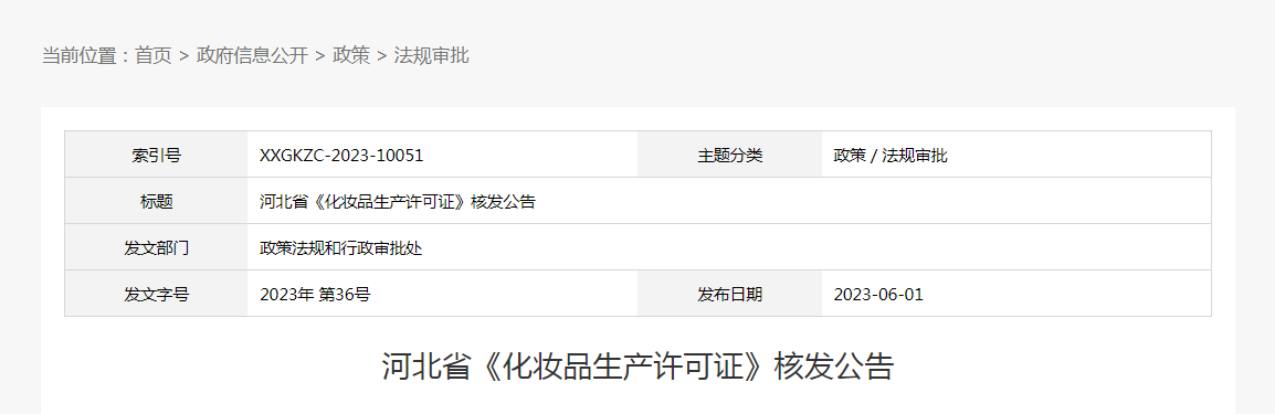 河北省《化妆品生产许可证》核发公告（2023年第36号）