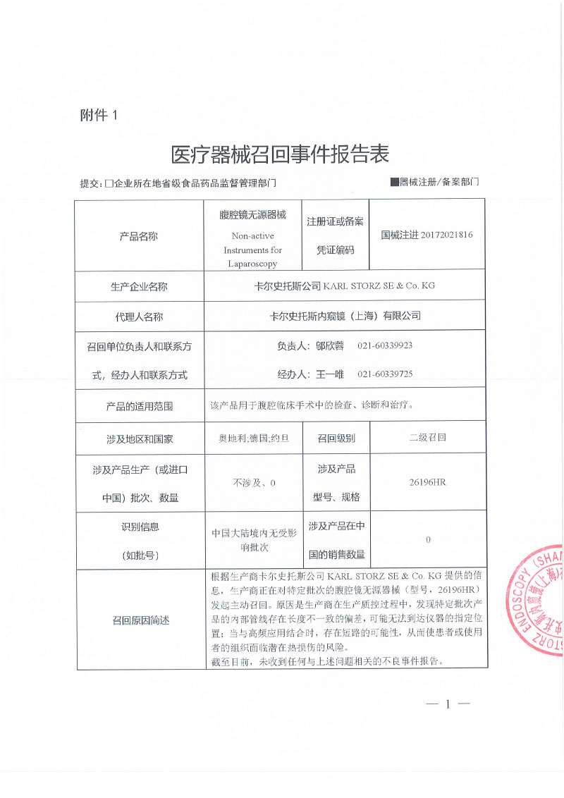 卡尔史托斯公司KARL STORZ SE & Co. KG对腹腔镜无源器械主动召回