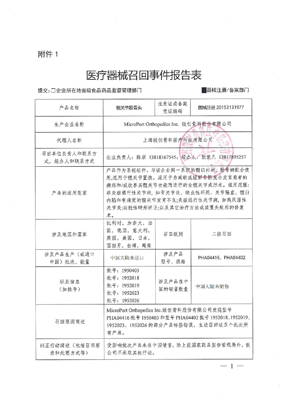 微创骨科股份有限公司MicroPort Orthopedics Inc.对髋关节股骨头主动召回