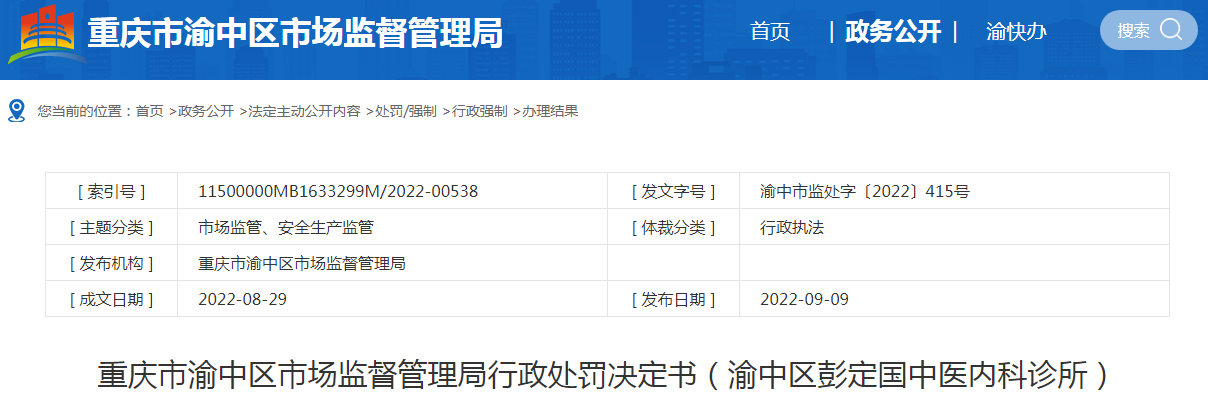 重庆市渝中区市场监督管理局行政处罚决定书（渝中区彭定国中医内科诊所）（渝中市监处字〔2022〕415号）.png