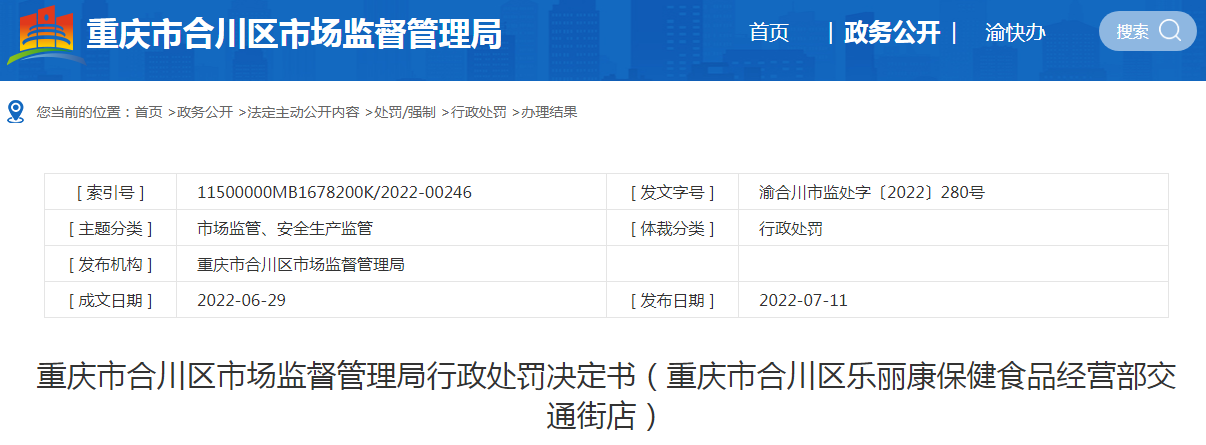 重庆市合川区市场监督管理局行政处罚决定书（重庆市合川区乐丽康保健食品经营部交通街店）.png