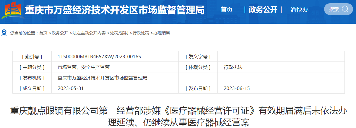 重庆靓点眼镜有限公司第一经营部涉嫌《医疗器械经营许可证》有效期届满后未依法办理延续、仍继续从事医疗器械经营案png