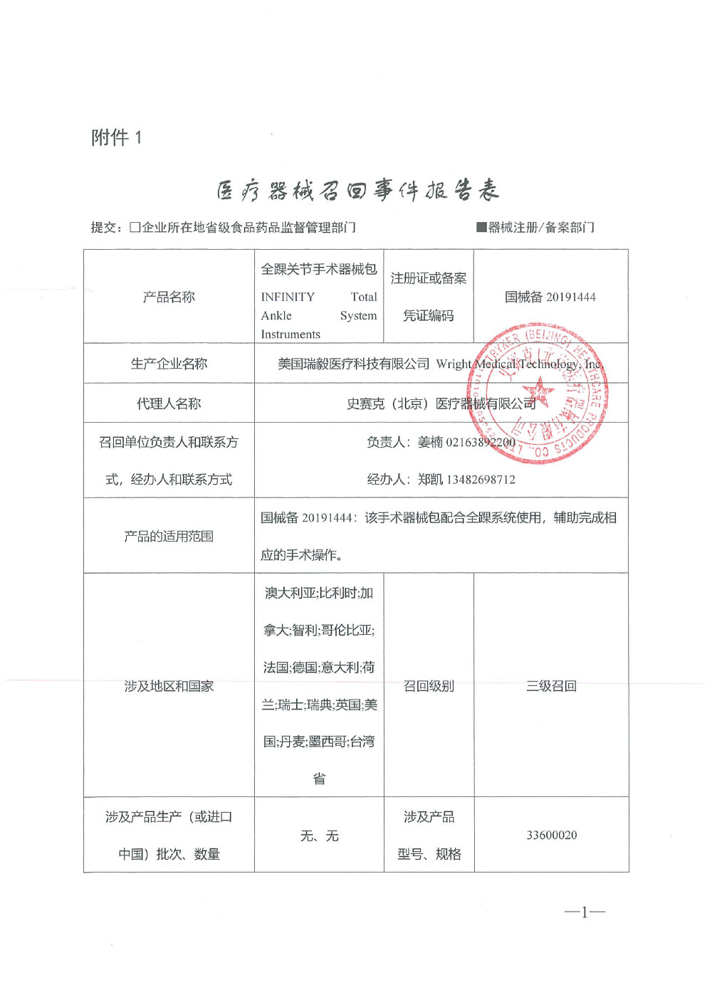   史赛克（北京）医疗器械有限公司报告，由于两个批号的骨科定位器上的骨针套筒安装孔偏窄，生产商美国瑞毅医疗科技有限公司 Wright Medical Technology, Inc. 对全踝关节手术器械包（国械备20191444）主动召回。召回级别为三级召回。涉及产品的型号、规格及批次等详细信息见《医疗器械召回事件报告表》。     2023年7月4日           相关推荐   CIO提供以下相关文库下载、合规服务以及线上培训课程学习。