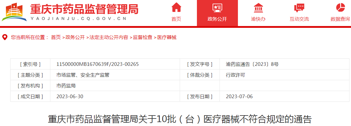 重庆市药品监督管理局关于10批（台）医疗器械不符合规定的通告（渝药监通告〔2023〕8号）