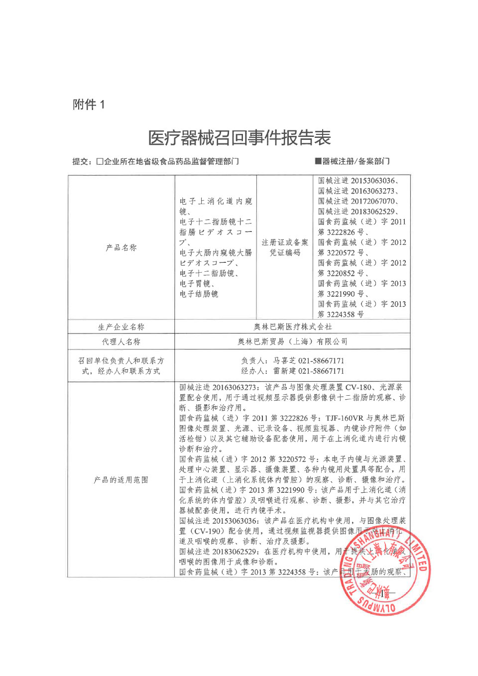 奥林巴斯医疗株式会社对电子上消化道内窥镜等主动召回 奥林巴斯医疗株式会社对电子上消化道内窥镜等主动召回
