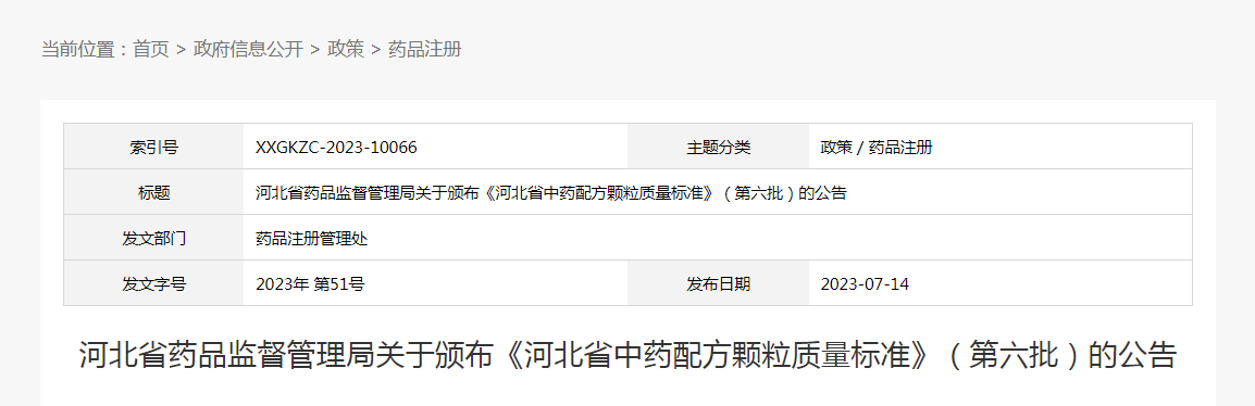 河北省药品监督管理局关于颁布《河北省中药配方颗粒质量标准》(第六批)的公告(2023年第51号) 河北省药品监督管理局关于颁布《河北省中药配方颗粒质量标准》(第六批)的公告(2023年第51号)