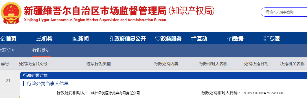 新疆喀什地区市场监督管理局关于喀什朵美医疗美容有限责任公司违反中华人民共和国药品管理法案（喀地市监处字[2023]02号）