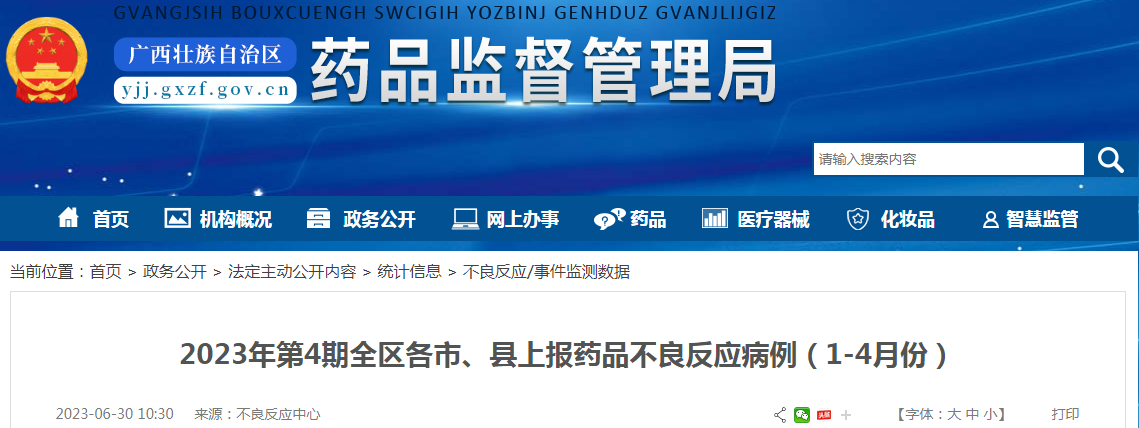 广西壮族自治区药品监督管理局2023年第4期全区各市、县上报药品不良反应病例（1-4月份）.png