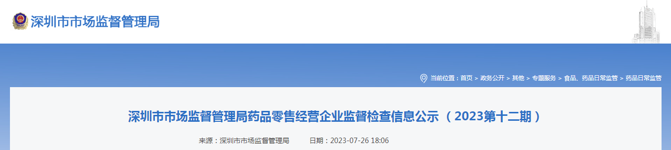 深圳市市场监督管理局药品零售经营企业监督检查信息公示 (2023第十二期) 深圳市市场监督管理局药品零售经营企业监督检查信息公示 (2023第十二期)