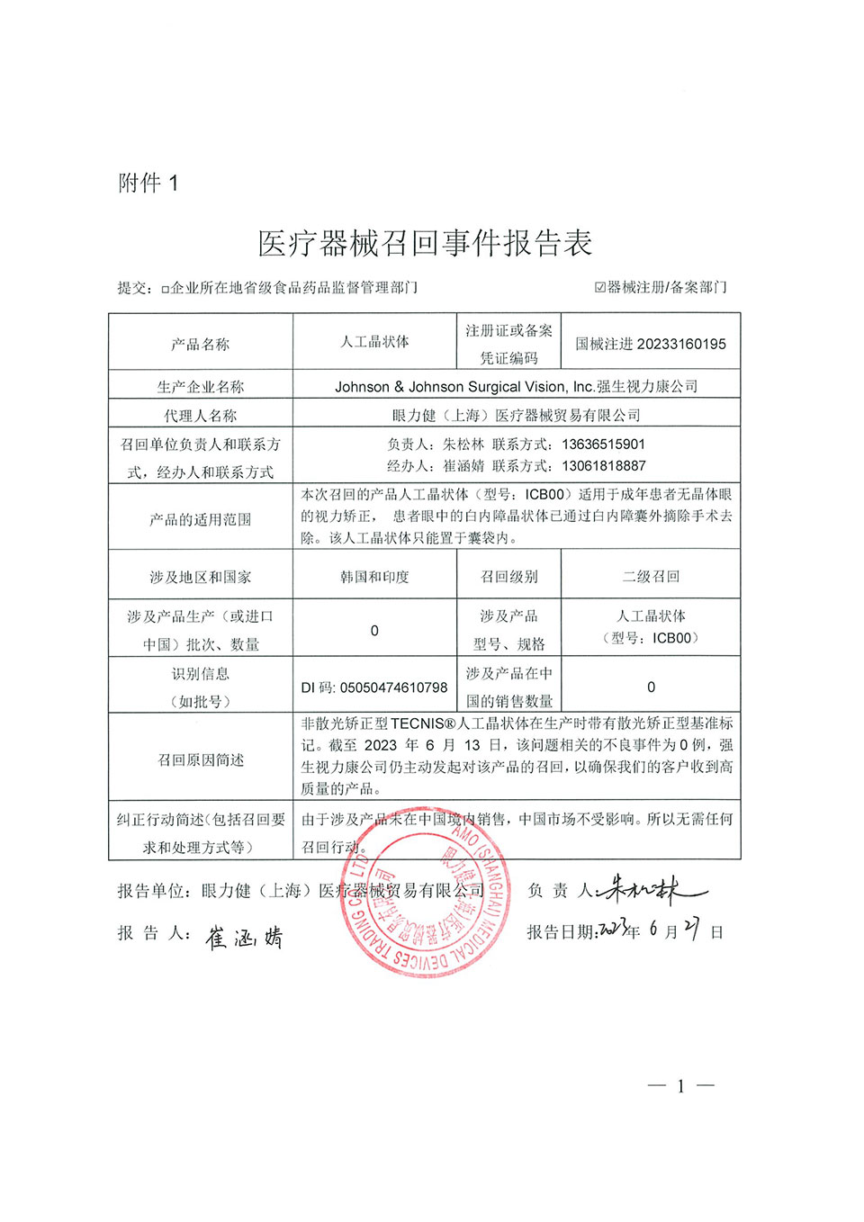 强生视力康公司 Johnson & Johnson Surgical Vision, Inc.对人工晶状体主动召回