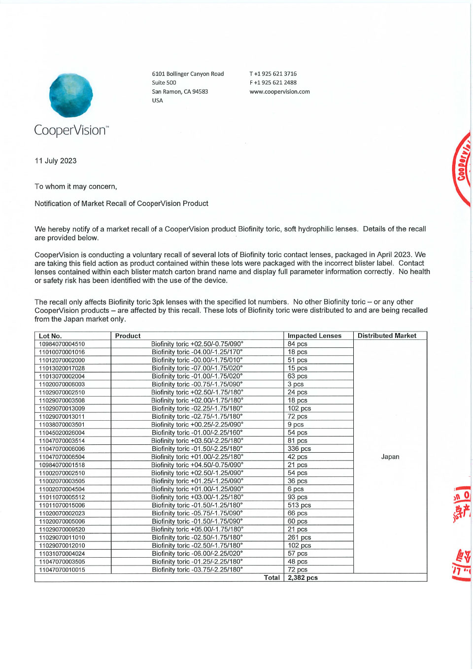库博光学公司CooperVision Inc.对软性亲水接触镜主动召回