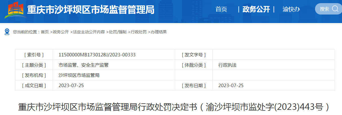 重庆市沙坪坝区市场监督管理局行政处罚决定书（渝沙坪坝市监处字(2023)443号）