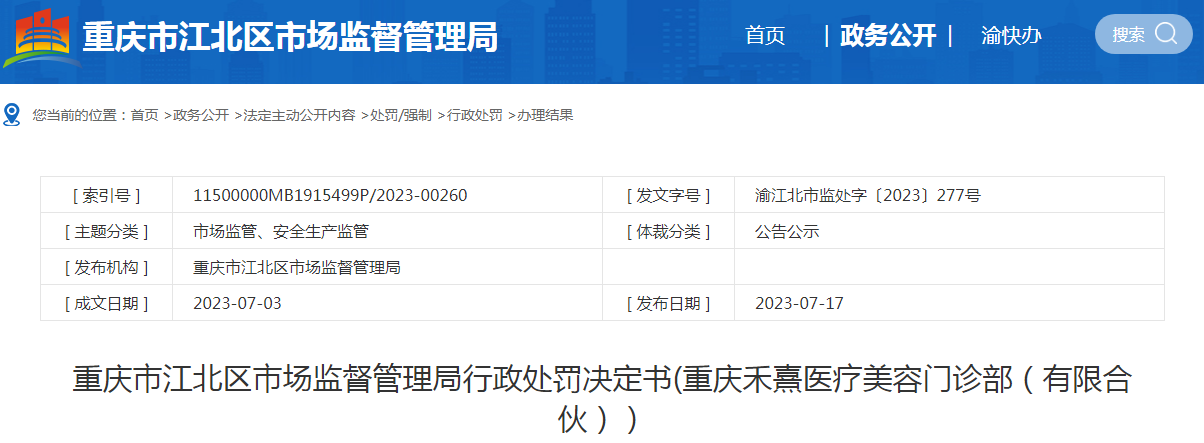 重庆市江北区市场监督管理局行政处罚决定书（重庆禾熹医疗美容门诊部（有限合伙））png