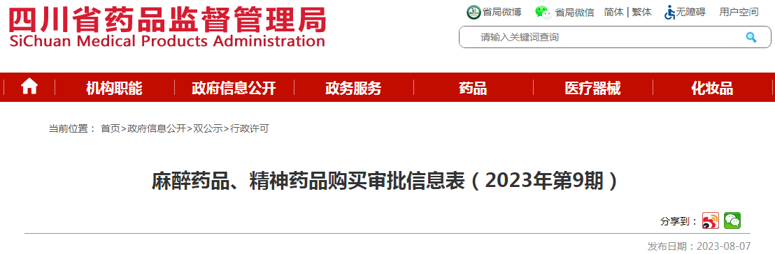 四川省药品监督管理局麻醉药品、精神药品购买审批信息表（2023年第9期）.png