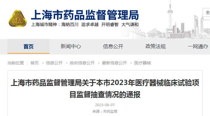 上海市药品监督管理局关于本市2023年医疗器械临床试验项目监督抽查情况的通报(沪药监械注〔2023〕176号) 上海市药品监督管理局关于本市2023年医疗器械临床试验项目监督抽查情况的通报(沪药监械注〔2023〕176号)